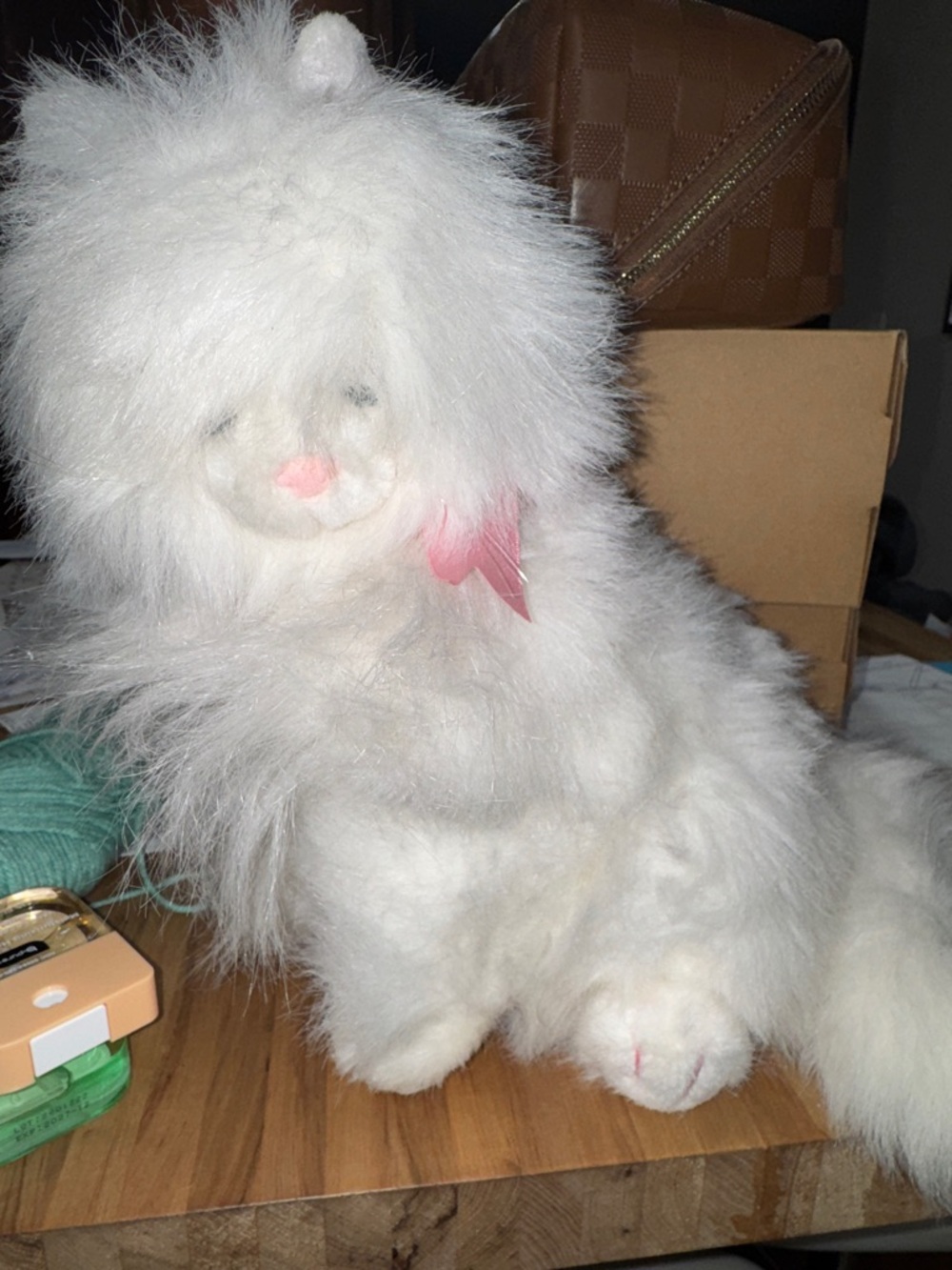 Vintage Russ Monique  Fluffy White Plush Cat with Pink Nose and Bow